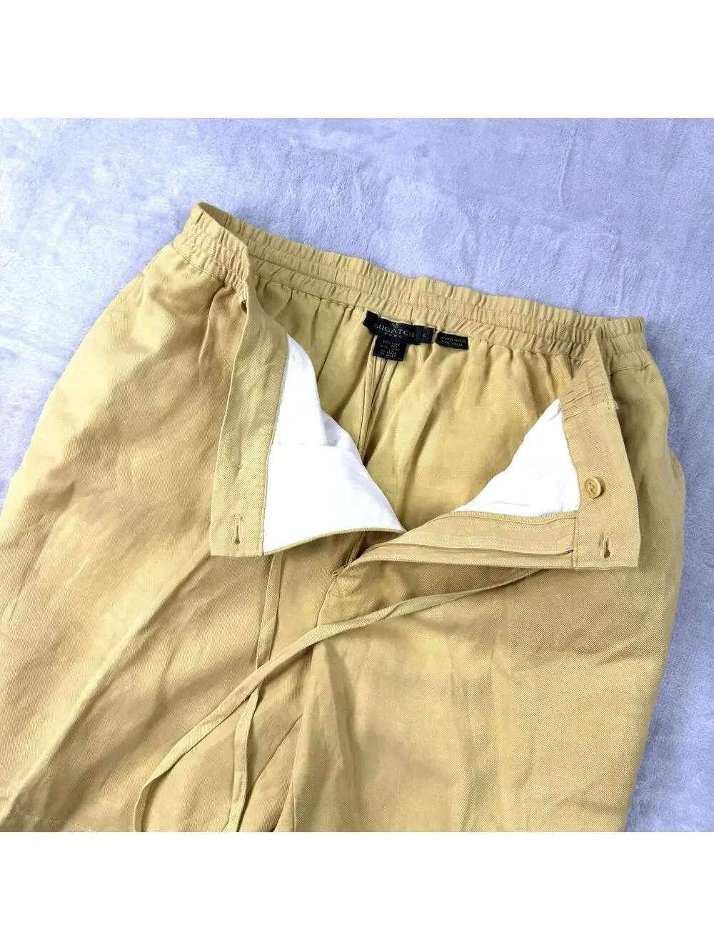 Bugatchi Uomo Linen Silk Shorts Yellow Drawstring Elastic Waist Mens L Preppy - Picture 7 of 9